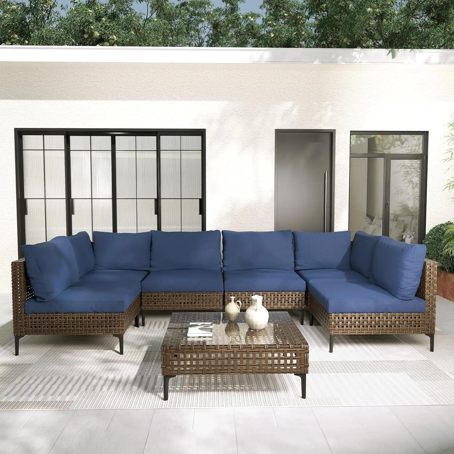 7-Piece Wicker Patio Furniture Set, Retro Outdoor Set Sectional Sofa w/Water Resistant Blue Thick Cushions &Coffee Table, Brown