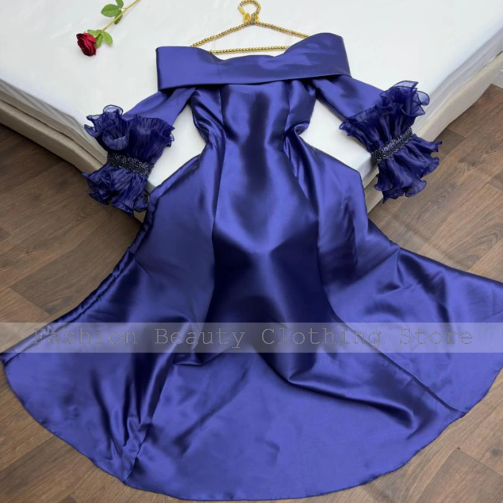 Exquisite Elegant Party Dresses Woman Dark Royal Blue Satin Ruched Ruffles A-line V-neck Floor Length Dresses Gowns 2024