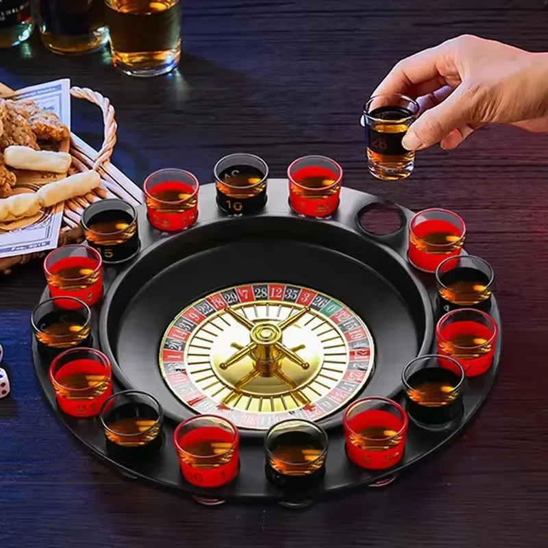 Bar Wine Table Cheer Turntable with 16pcs Small Glasses,16 Holes Russian Roulette Wine Glass, KTV Party Roulette Game Toys