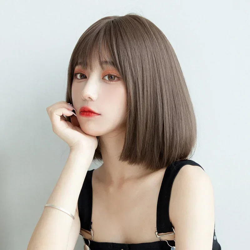 New wig Straight bang cool brown Bob bobo short hair natural everyday chemical fiber hair for women Cosplay Party Heat Reisitant