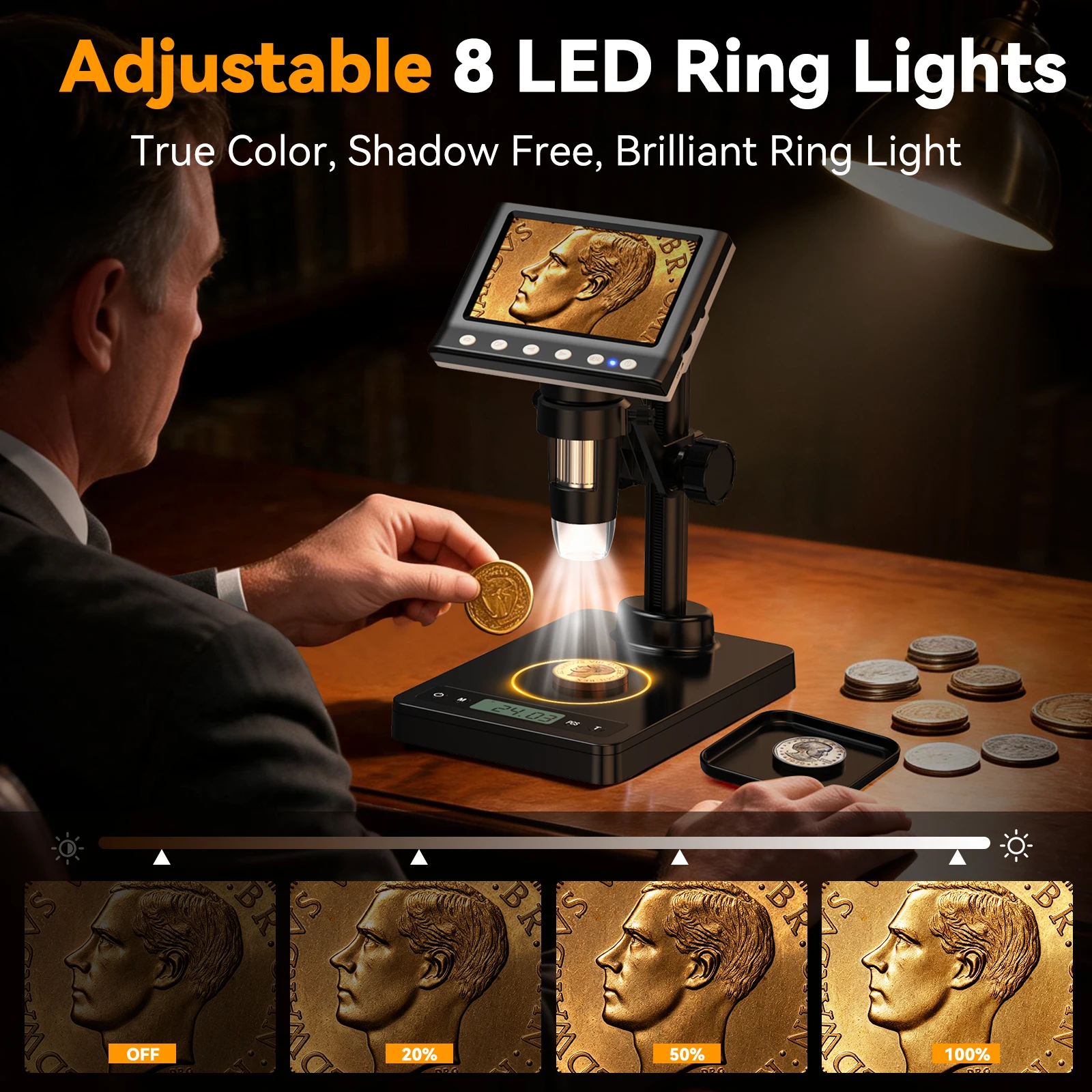 4.3inch Portable Digital Microscope with Weighing Scale & 8 LED lights for Coin Error Checking, PCB Repair, and Hobbyist Use
