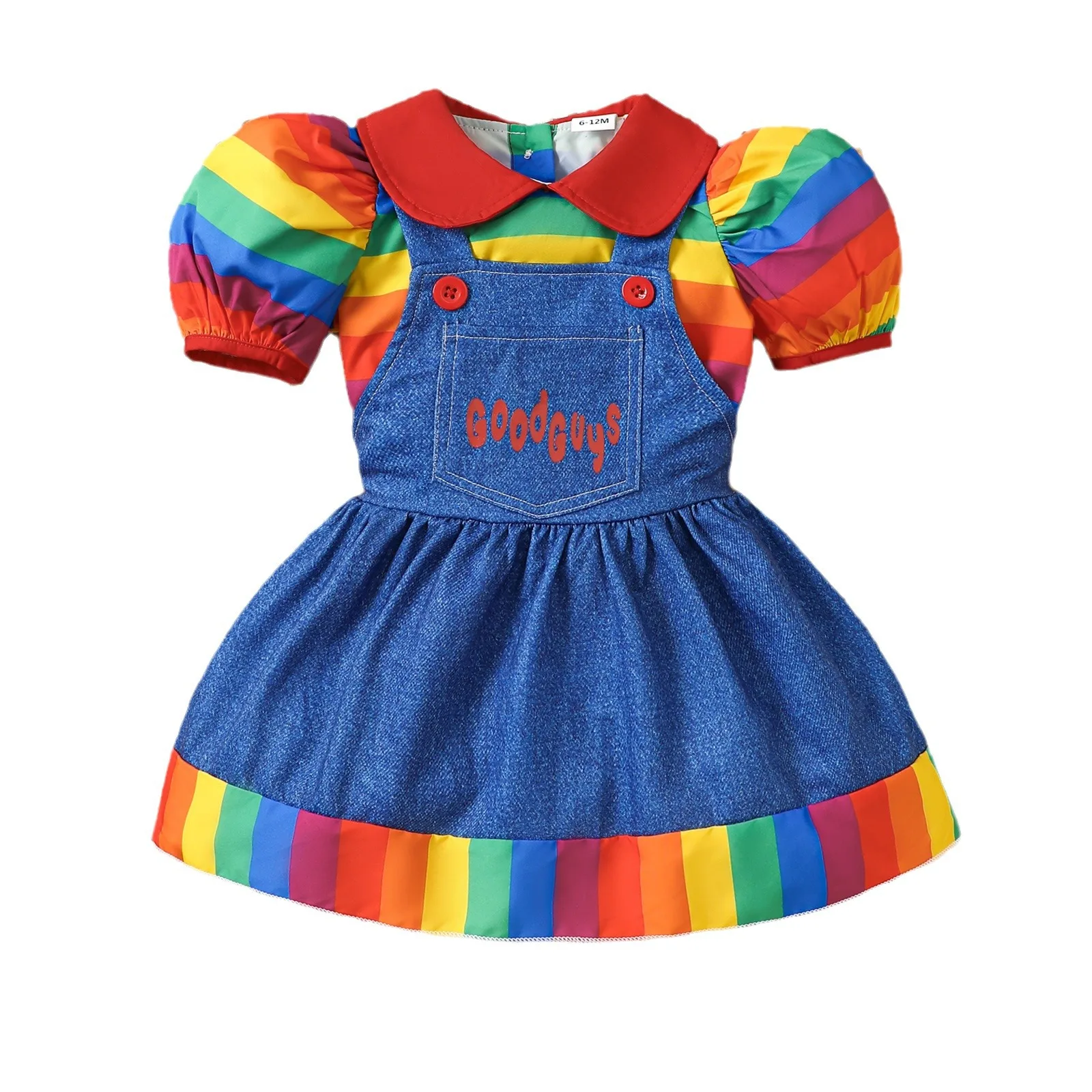 

MINISO Halloween Costume Rainbow Striped Shirt Girls Outfit Two-Piece Set Denim Suspender Party Holiday Dressing 3-8 Years