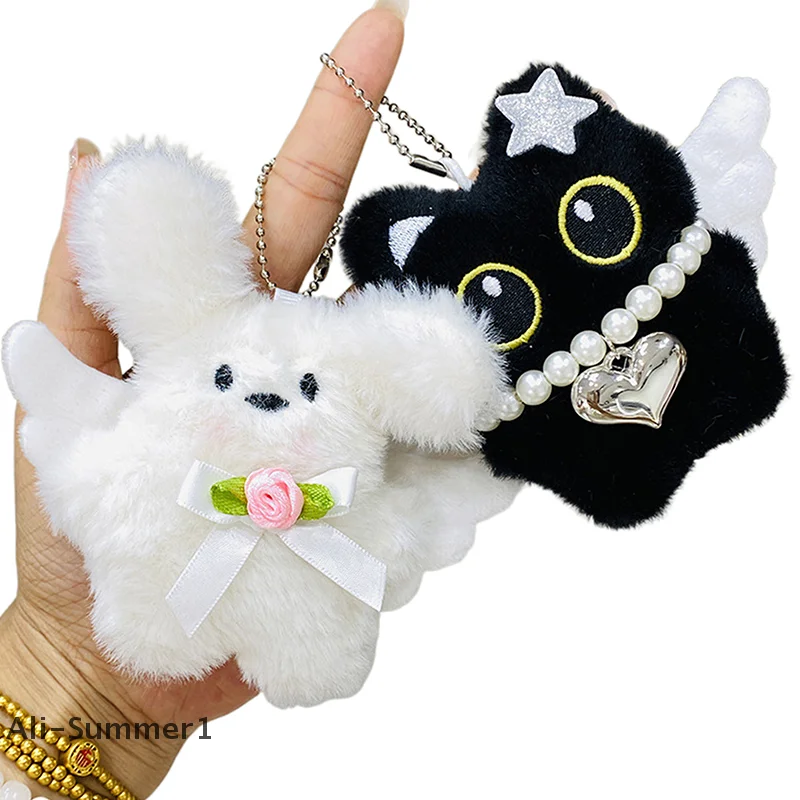 【E】Cute Angel Little Black Cat Little Milk Dog Plush Doll Pendant Backpack Hangings Decoration