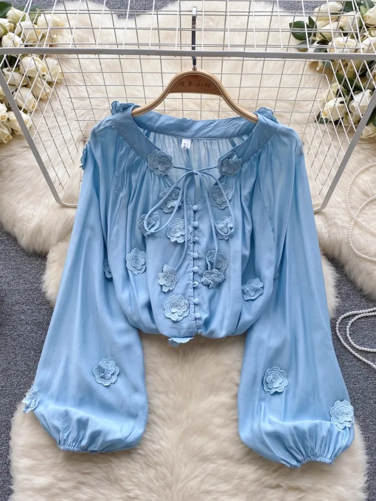 Hikigawa Chic Fashion Women Sweet Gentle 3D Floral Patchwork Lace Up Shirts Vintage Elegant All Match Loose Blouse Top Mujer