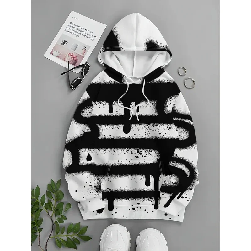 Men Black Drip Spray Paint Stripe Graffiti 3D Print Hoodie Drawstring Pocket Long Sleeve Casual Pullover Sweatshirt