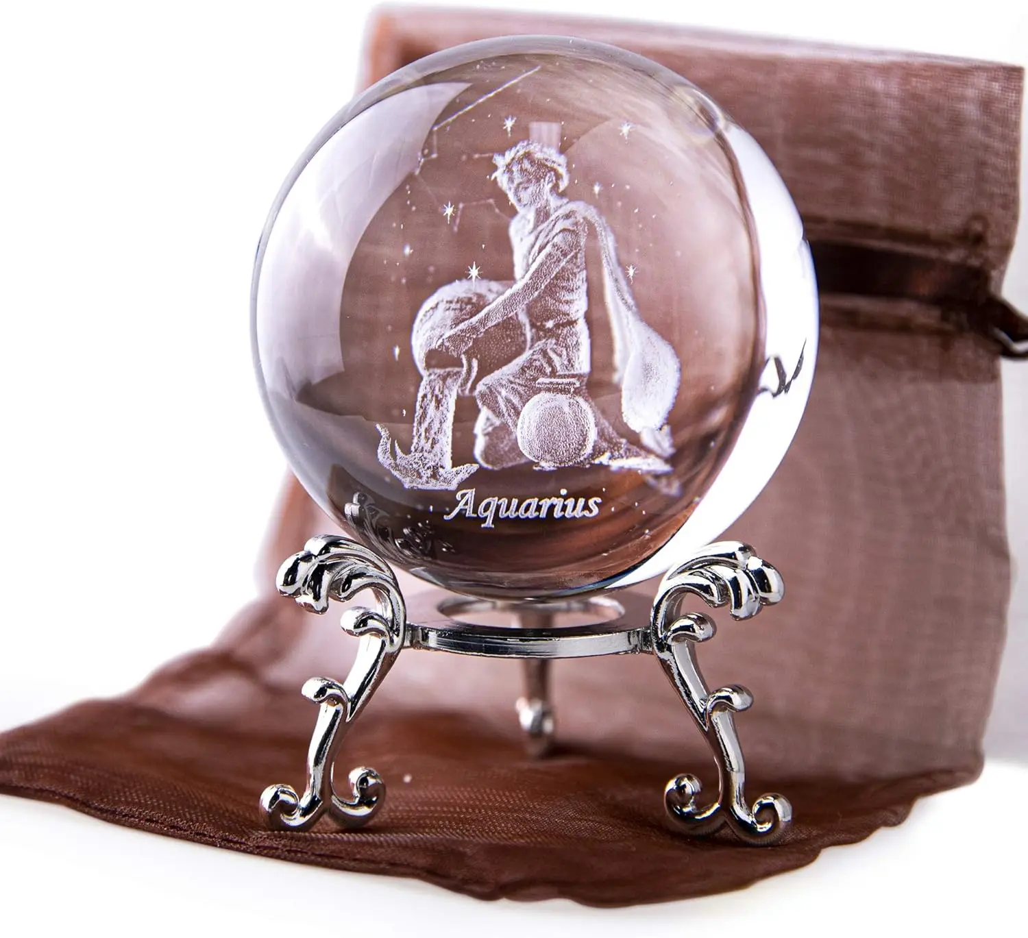 

6cm 12 Constellation 3D Crystal Ball Aquarius Glass Ball Ornament Silver Metal Base Crystal Crafts Birthday Gift Home Decoration
