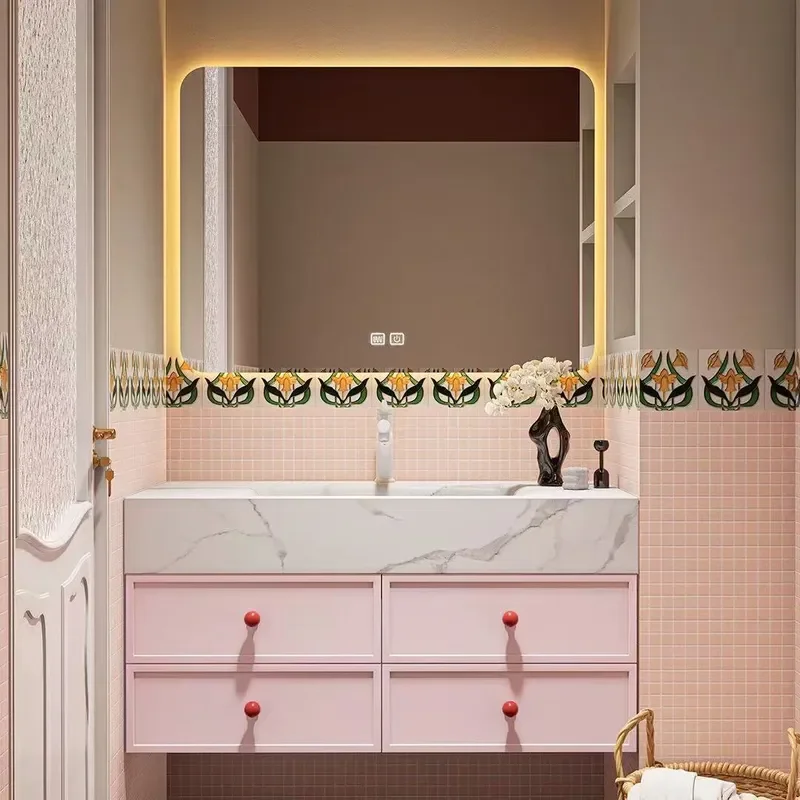 Cream Oak Bathroom Vanity with Ceramic Basin Integrated Rock Slab Top Double Sink Cabinet for Modern Washroom Storage