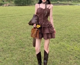 Alças Vintage feminino Vestido de babados, Bandagem, Em camadas, Sexy, Curto, Rua alta, Moda coreana, Streetwear, Elegante, Roupa de verão