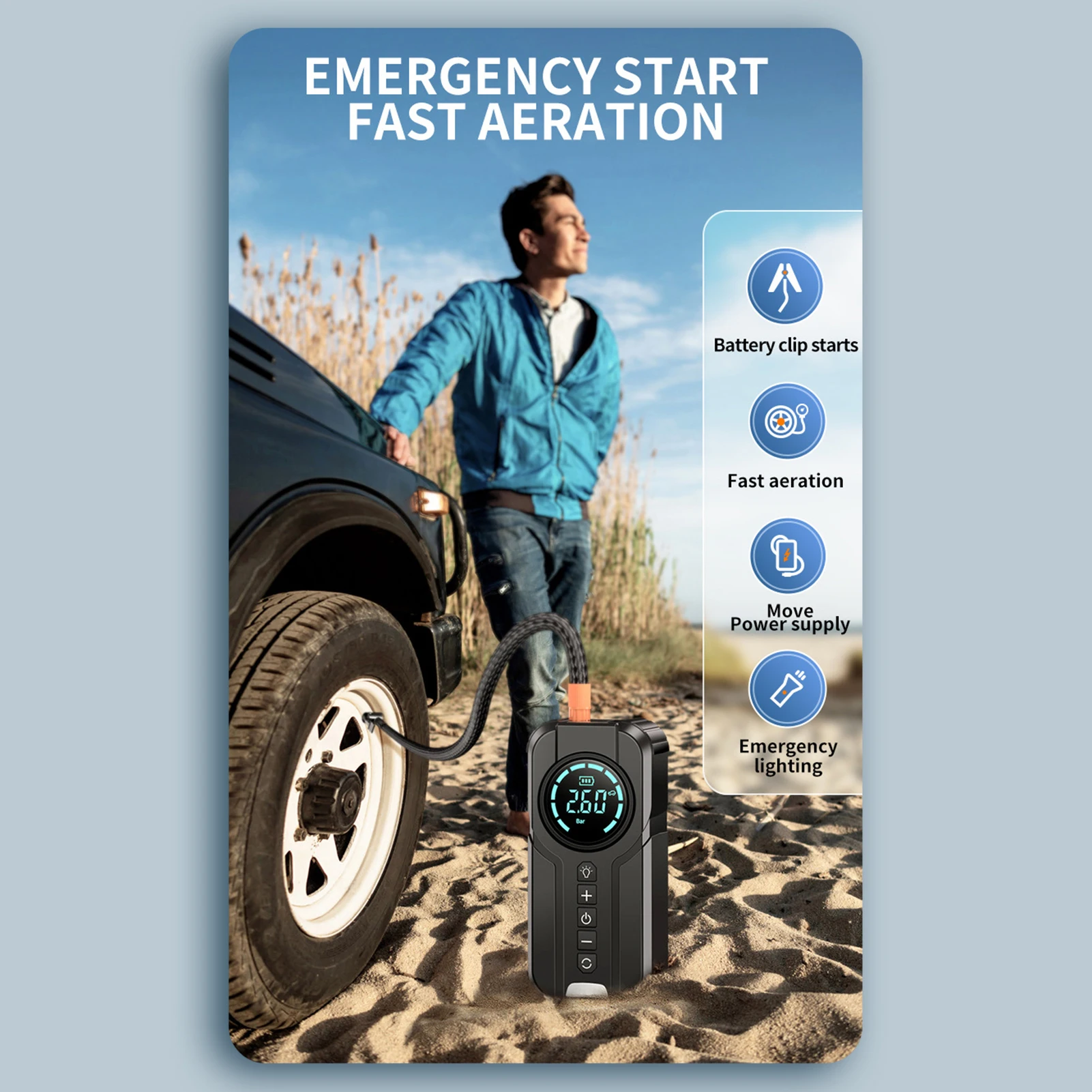 

Стартер с воздушным компрессором, портативный усилитель аккумулятора 1000 А с накачкой шин 150 фунтов на квадратный дюйм, 6000 мАч, стартер для автономных автомобилей