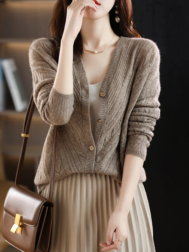 Suéter elegante de lana merina de 100% para mujer, cárdigan informal de punto para otoño e invierno, ropa calada de manga larga para mujer, Tops