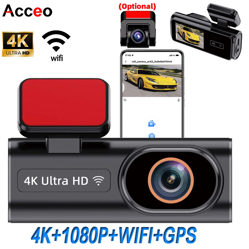 ACCEO Dash Cam WIFI GPS Mini CAR DVR Front 4K And Rear 1080P Dual Lens Black Box Room Camera Night Vision 24H Parking Monitor