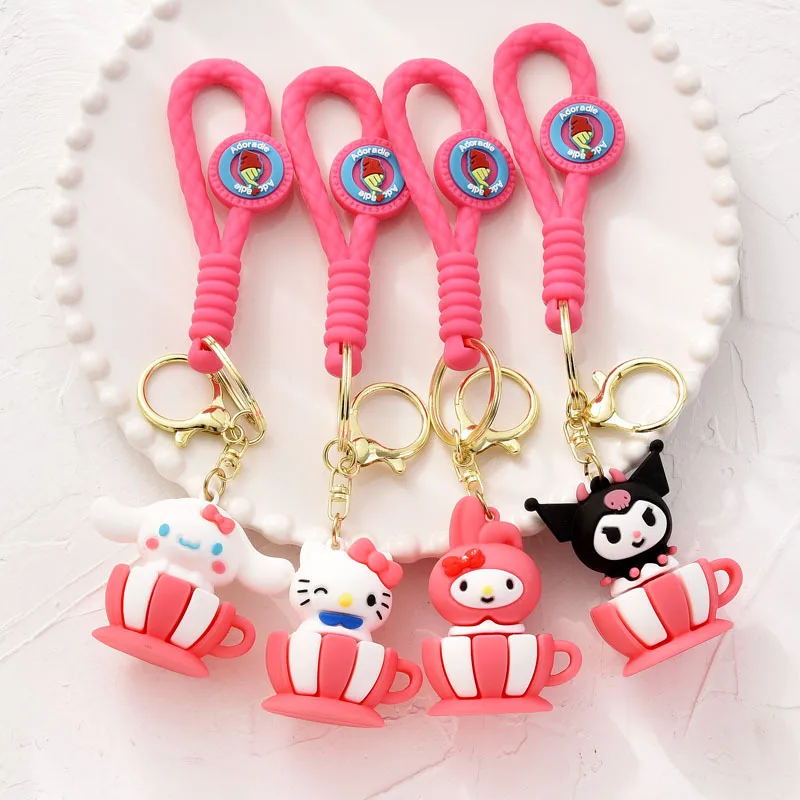 

Sanrio Hello Kitty Tea Cup Keychain Anime Cartoon Kuromi Cinnamoroll Cute Car Key Ring Fashion Bag Pendant Child Toys Gifts