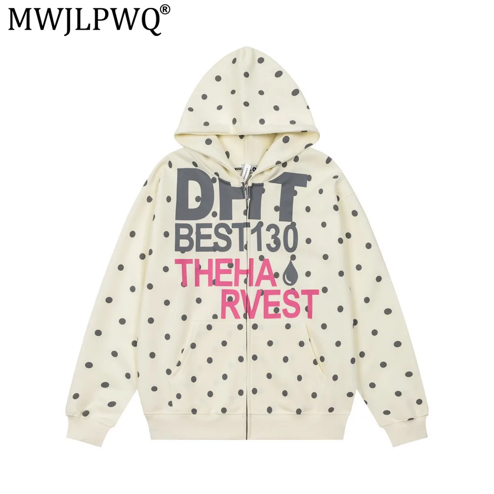 MWJLPWQ Men's Oversized Zip-Up Hoodie Polka Dot Letter Print Streetwear Unique Design Trendy Vibe Long Sleeve Tops Autumn 21237