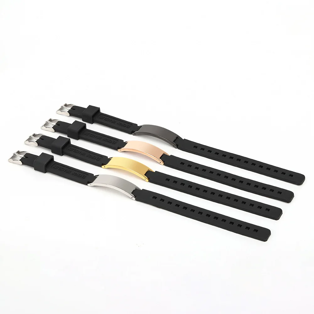 الأيونات السالبة سيليكون مكافحة ساكنة سوار الفولاذ المقاوم للصدأ شريط فارغ يمكن نقش شعار سيليكون حزام الساعات أساور