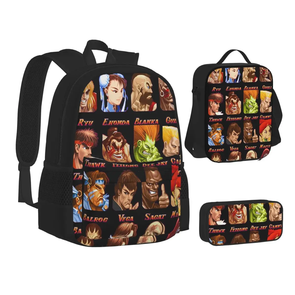 

Defeated Portraits Super Street Fighter Backpacks Children School Bags Kids Rucksack Lunch Bag Pen Bag Three-Piece Set