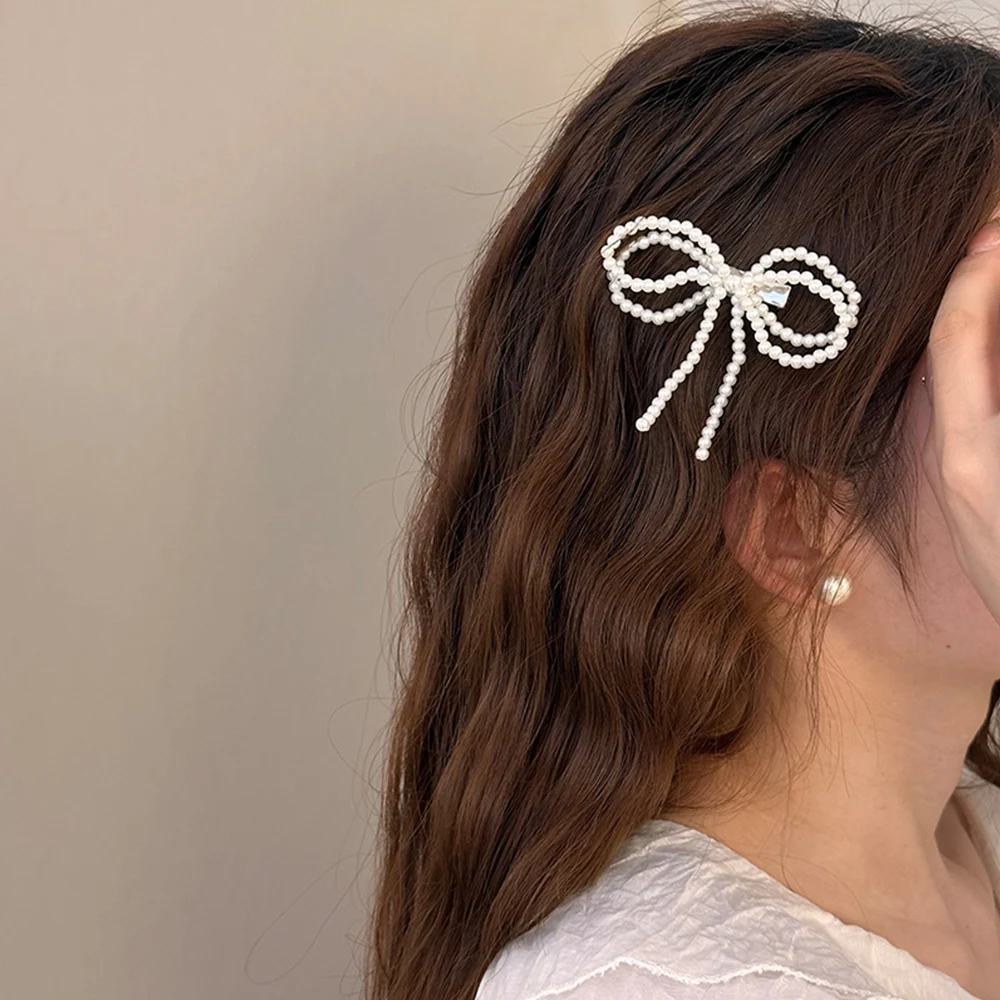 Pearl Bow Hair Clip Ladies Pearl Bowknots Hairpins Fashion Hair Accessories DIY Double-layer Bangs Side Clip Woven Clip Y2k