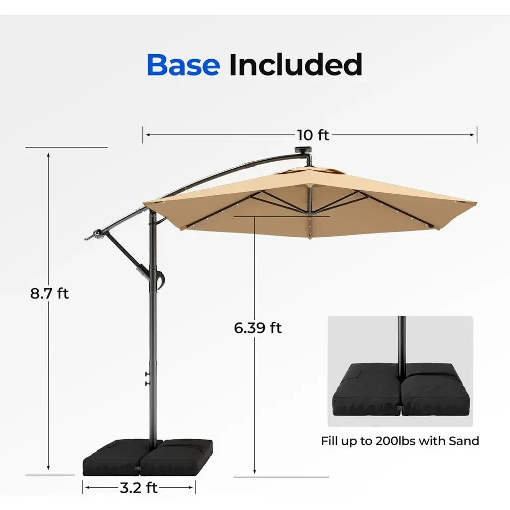 10-Foot Cantilever Offset Patio Umbrella with Light and Base, Suitable for Outdoor Spaces