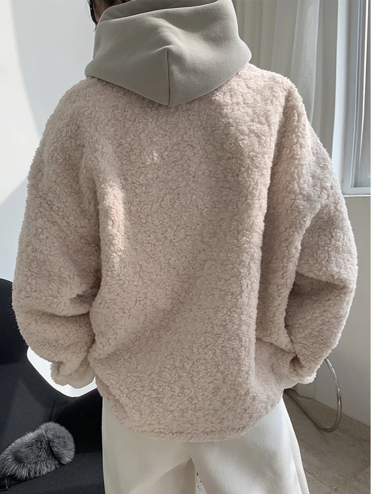 Veste en peluche en laine d'agneau pour femme, col en V simple, fausse fourrure chaude, coupe adt-fit décontractée, nouvelle collection hiver 2024