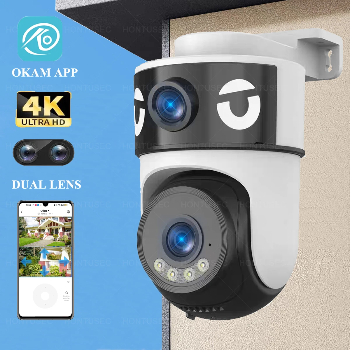 OKAM 4K 8MP Dual Lens Dual Screen WIFI PTZ 2K 4MP Draadloze Beveiligingscamera Buiten IP66 Auto Tracking Bewakingscamera's