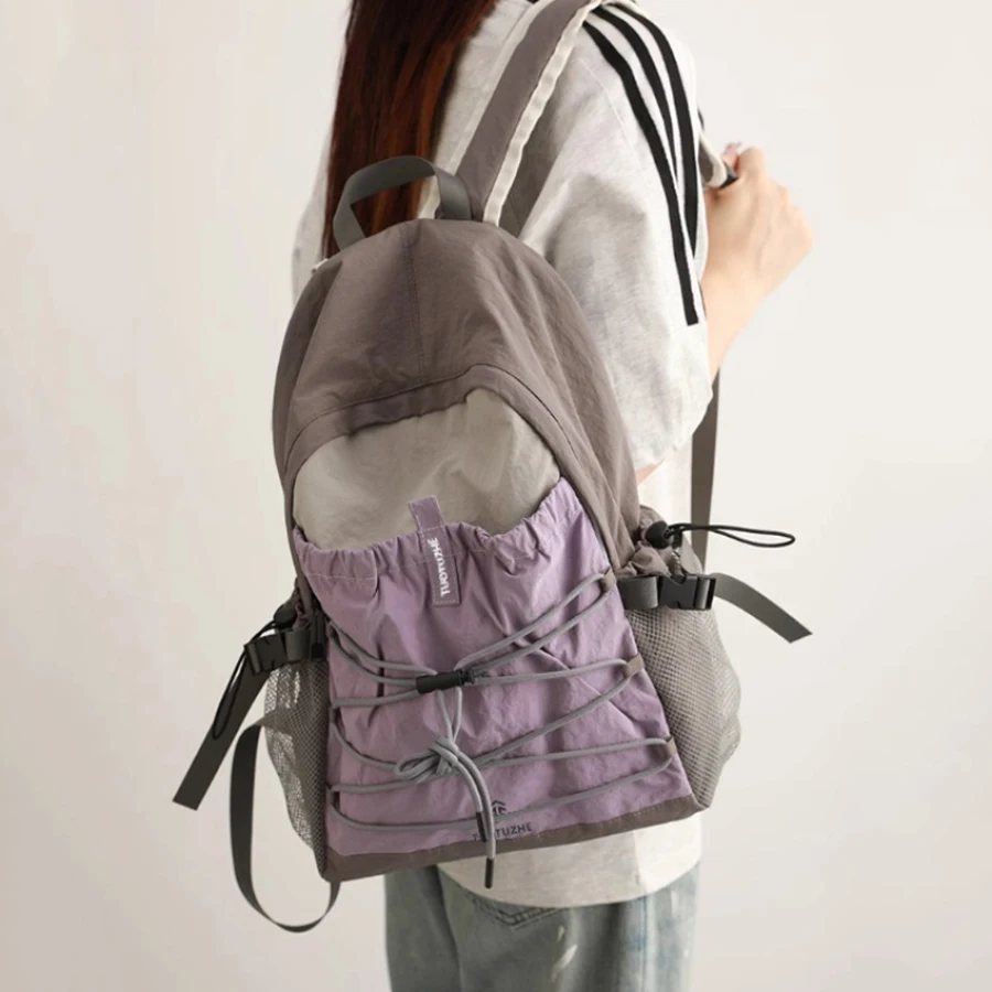 Color‑block Drawstring Backpack Lightweight Nylon Student School Bag Outdoor Travel Hiking Daypack For Men Women Teens