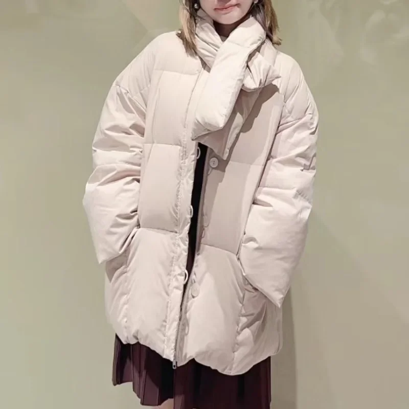 Piumino d'anatra bianco giapponese allentato Abrigos Invierno 2025 Capispalla donna Inverno Nuova sciarpa Giacca Pane Parka Cappotti caldi addensati