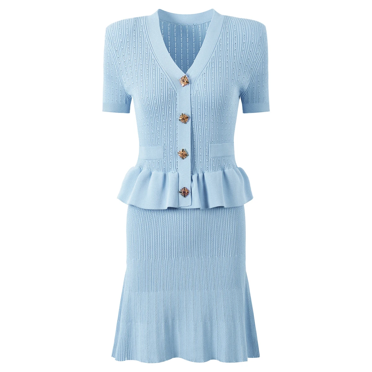 

High Quality Summer Knitted V-neck Dress Women Short Sleeved Diamond Buckle Ruffled Fish Tail Slim Fit Fashion New Party Dress
