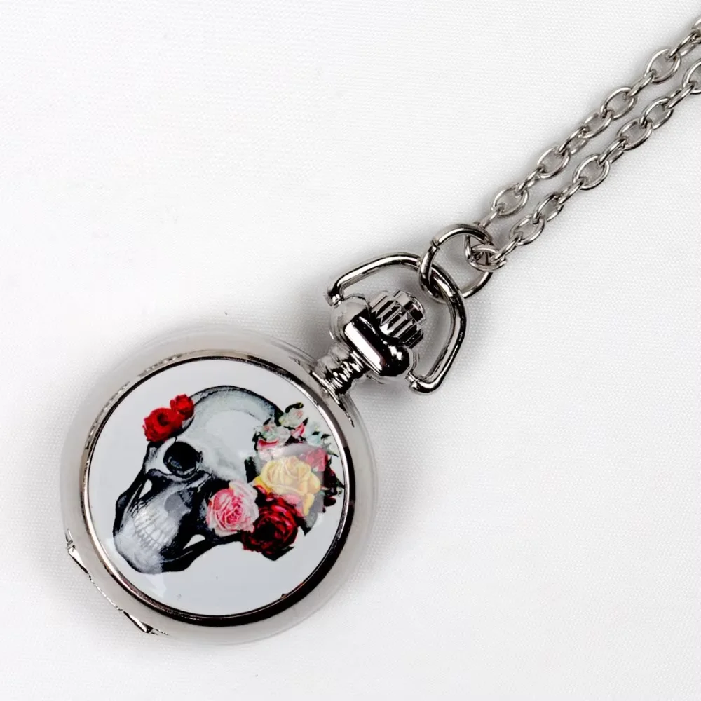 Fashion Colored Glaze Enamel Pocket Watch Flower Skull Design Silver Necklace Pedant Montre Exquisite Women Fob Watch