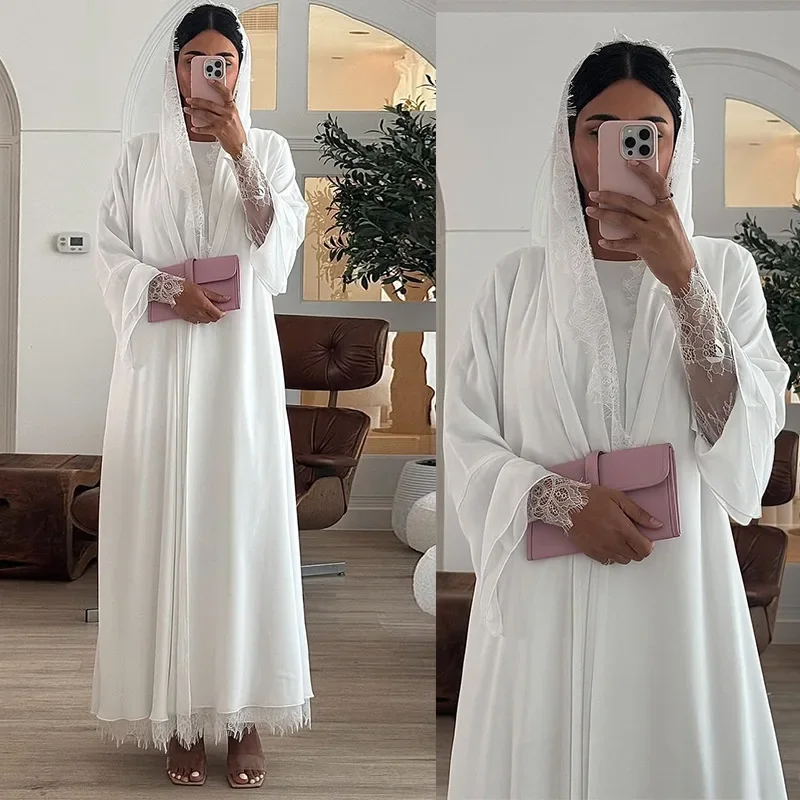Women Abaya Scarf Lace Sleeve Open Cardigan Dress 2026 Eid Muslim Party Jalabiya Ramadan Abayas Morocco Kaftan Arab Long Robe 2