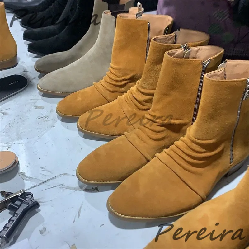 

Men's Cow Suede Pleated Short Boots Trendy Western Retro Frosted Genuine Leather Round Toe Double Zipper Chelsea Boots Plus Size