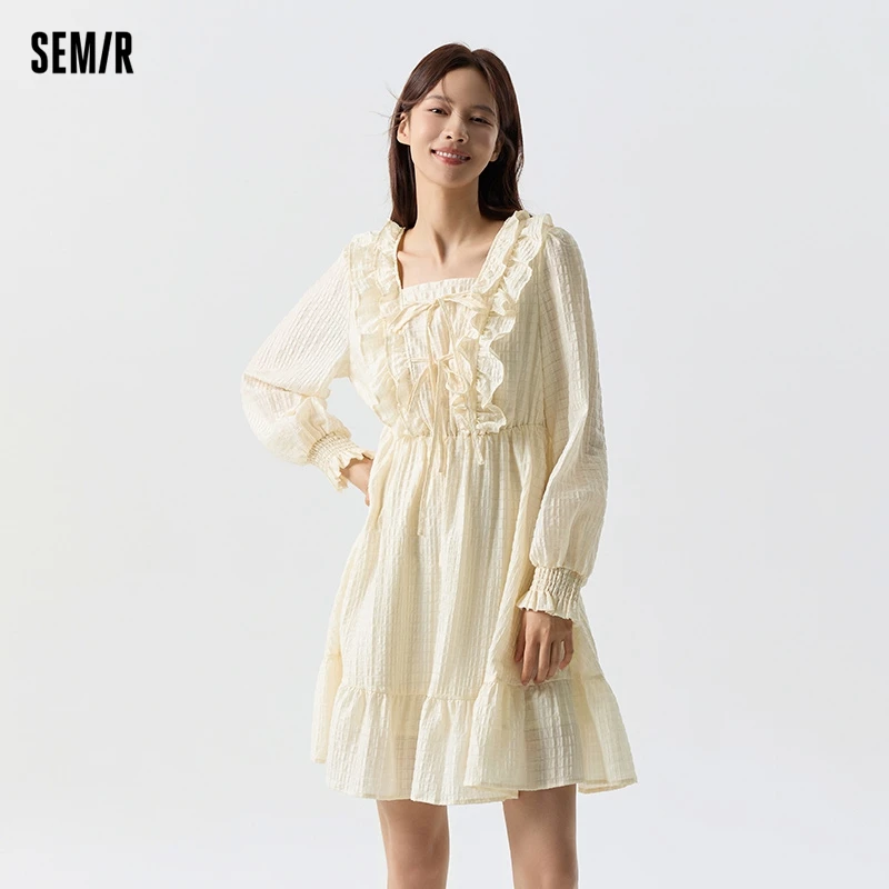 

Semir 2024 Dress Women Ruffled Bow Romantic Spring New Sweet Square Neck Textured Skirts Women