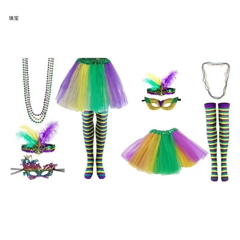 X5QE Mardi Gras Celebration Costume Set Headband Masquerade Mask Festival Supplies