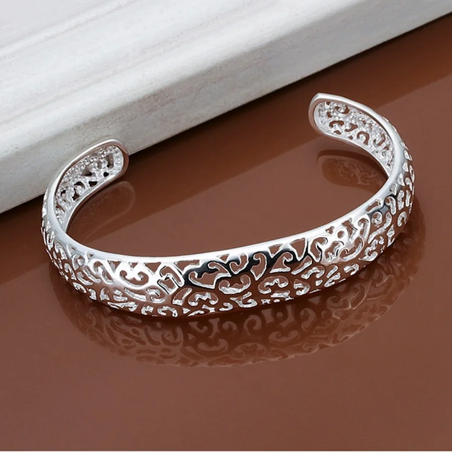 

925 Sterling Silver Open Bangle Bracelet Lady Girl Cute Favorite Gift Retro Charm Exquisite Circular Fashion Jewelry