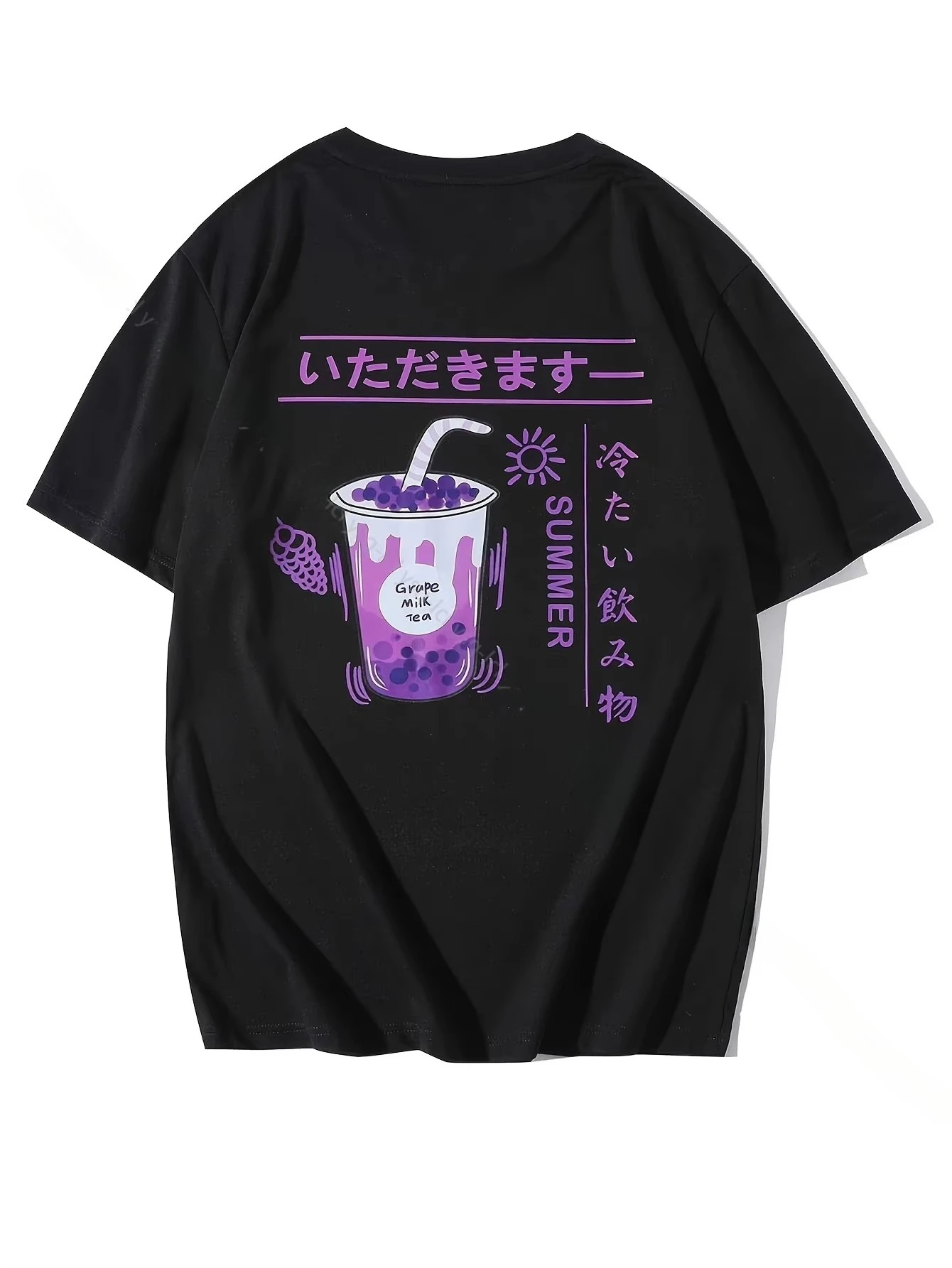 

2025 Summer New Men's Casual Short-sleeved T-shirt Summer Grape Milk Tea Pattern Printed Crew Neck Top Loose Adult T-shirt