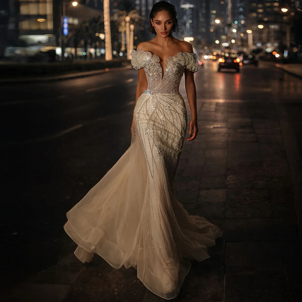 

Soft Tulle Evening Dress Sparkly Beading Crystal Customized Prom Dresses Elegant Off the Shoulder Beading Bespoke Occasion Gown