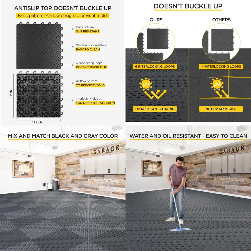 

Interlocking Garage Floor Tiles Set of 48, Anti-Slip, Oil & Stain Resistant, 12x12 Inch, Black