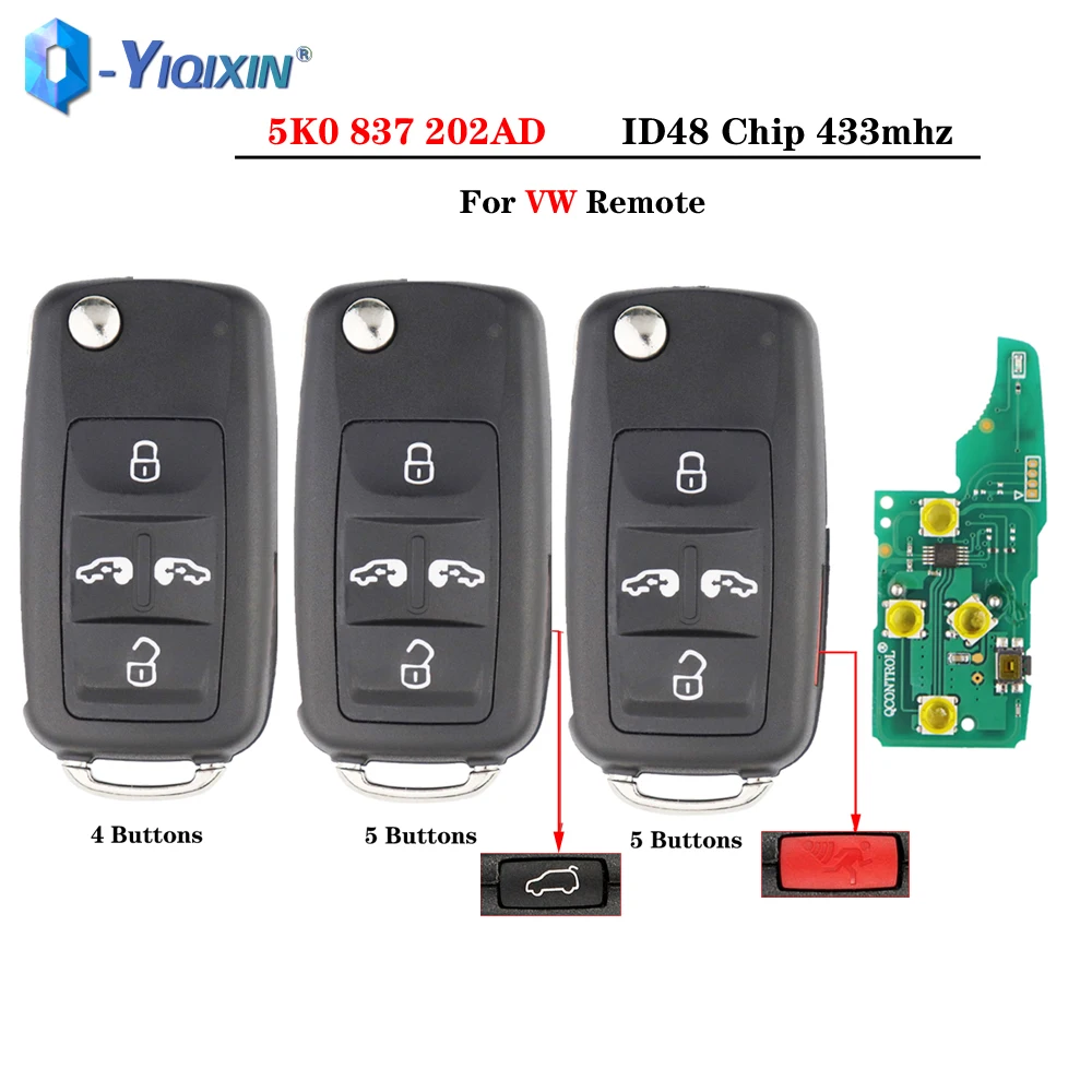 

YIQIXIN 4/5 Buttons Smart Flip Car Control Key 5K0837202AD For VW Sharan Multivan T5 Caravelle 433mhz ID48 Chip Auto Remote Case