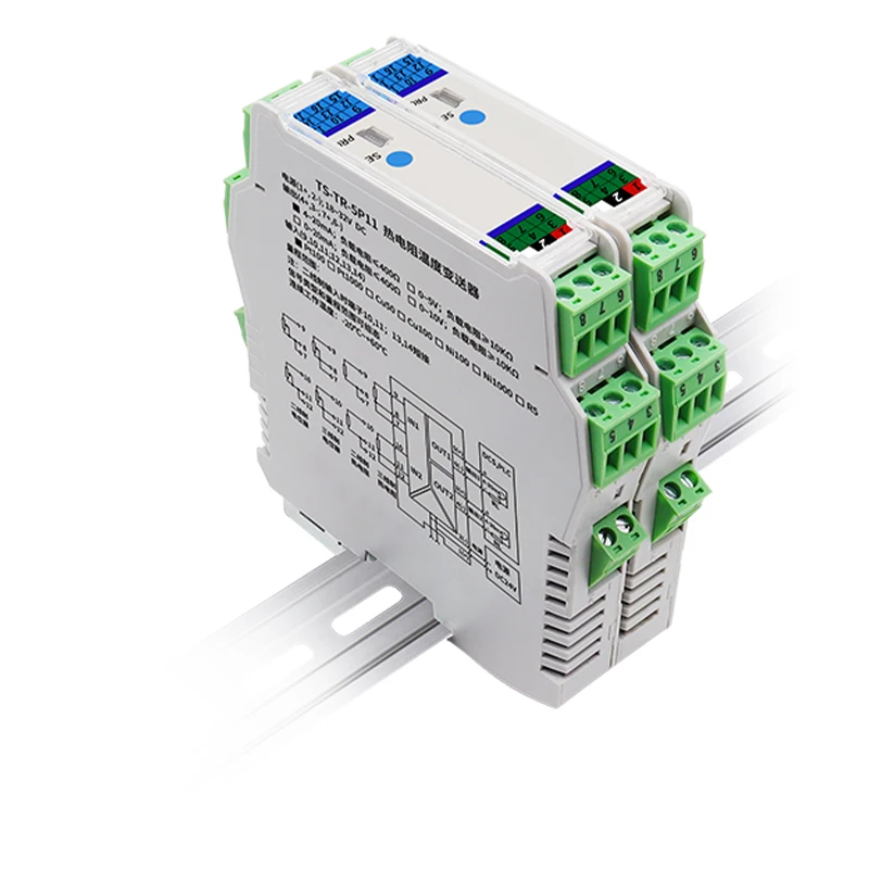 Conversor de isolamento de sinal de temperatura do par termoelétrico do trilho do ruído, transmissor RTD, K, B, E, J, R, S, T entrada, 4-20 mA, saída 0-10V, DC 24V