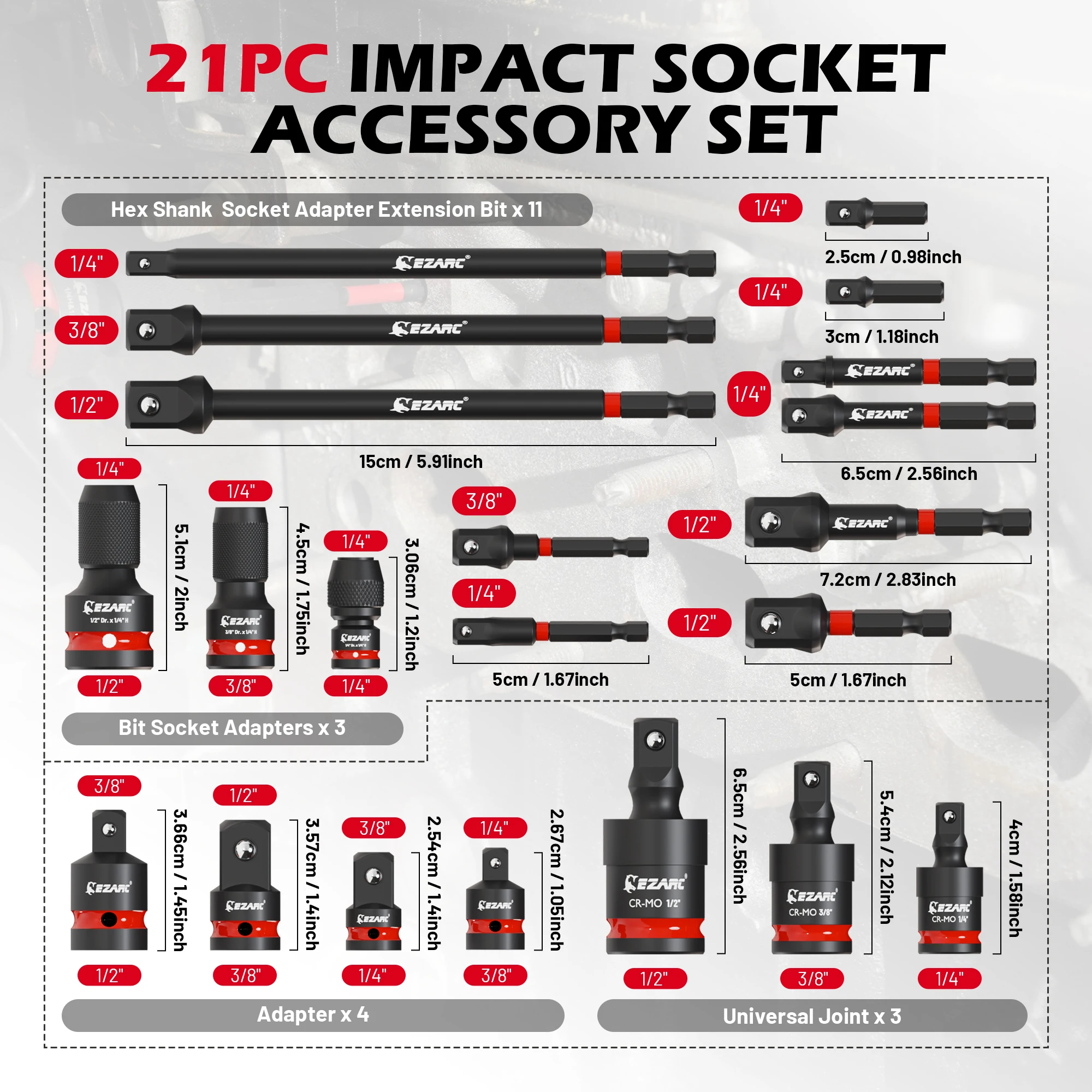 EZARC 21pcs Impact Socket Adapter Set with 1/4