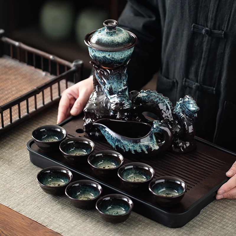 1 set, creative lazy tea set, semi-automatic dragon teapot, magnetic rotating water-conducting tea set, Chinese Kung Fu tea set