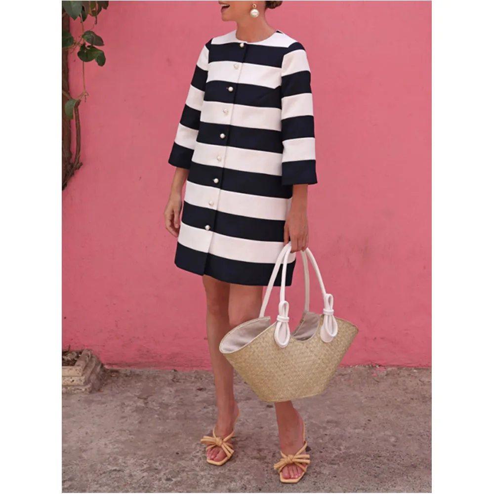 Loose Three-quarter Sleeves Buttoned Striped Round-neck Jackets&Coats Outerwear