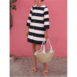 Loose Three-quarter Sleeves Buttoned Striped Round-neck Jackets&Coats Outerwear