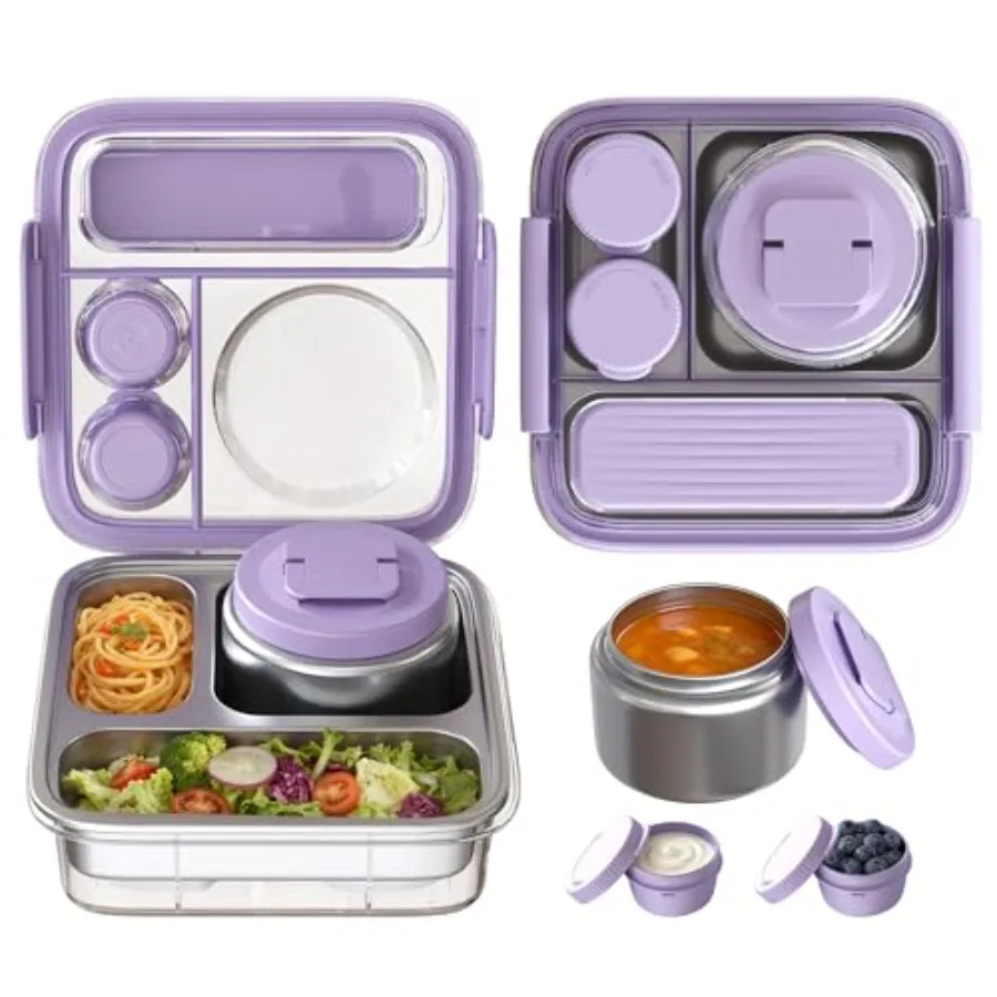 

Stainless Steel Bento Lunch Box for School Travel: Purple, Leak-proof, Insulated 8oz Food Jar, Ice Pack, Transparent Lid with S