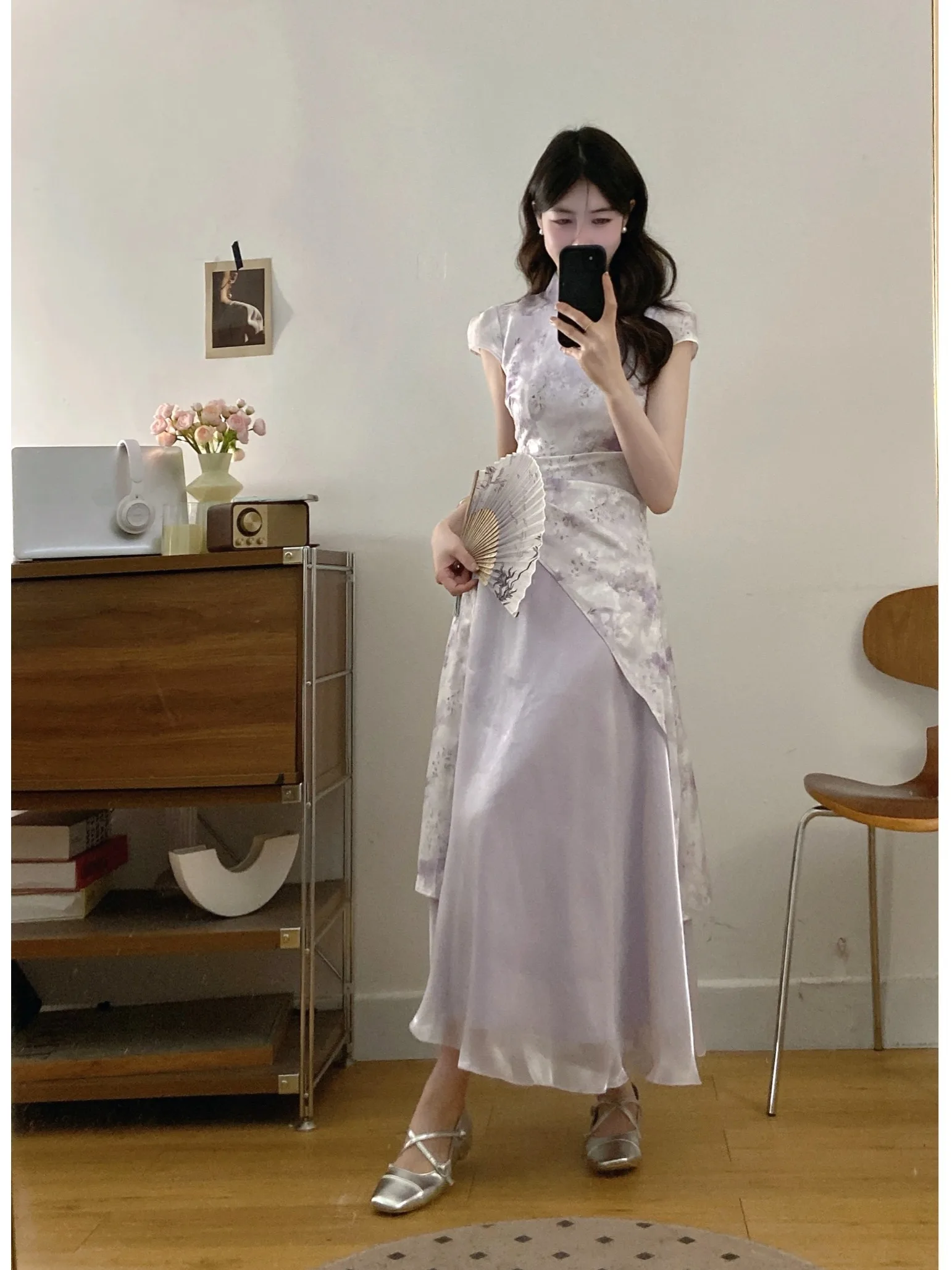

New Chinese Style plus Size Dress Dark Pattern Print Silk Skirt Long Sleeve Slimming Waist Design for plus Size Women