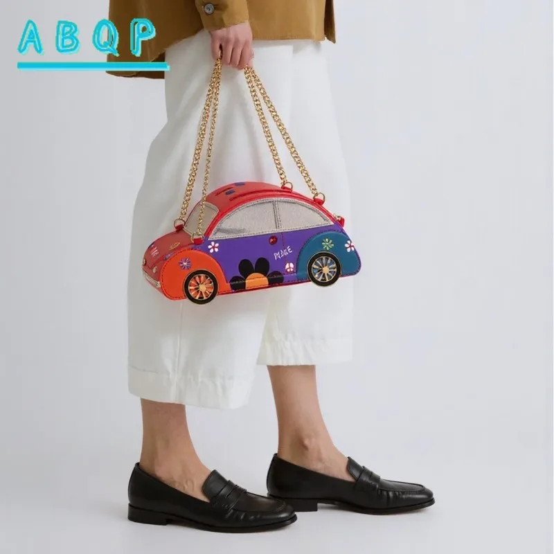 

Shoulder Bag Personalized Creative Car Shape Portable Chain Bags Female Contrasting Color Cute Cartoon Messenger Handbag
