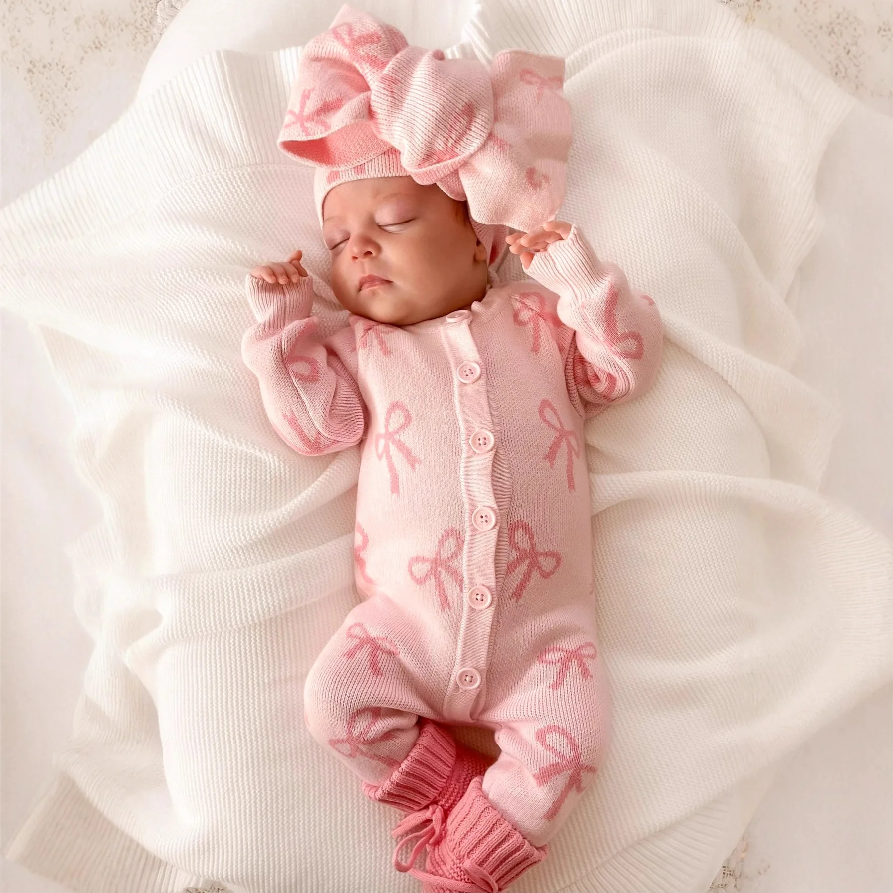 2026 Infant Girls Cute Bow Knitted Jumpsuit Toddler Clothes 0-24M Spring New Baby Long Sleeve Sweater Romper + Hairband
