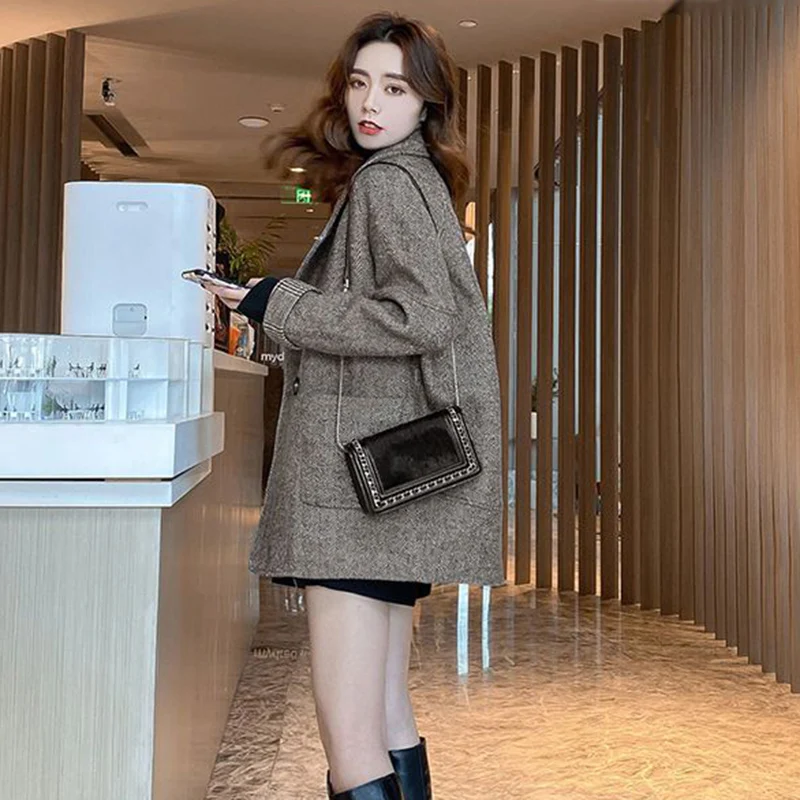 Woolen Suit Coat Women Korean Loose Thin Autumn Winter Casual Jacket Solid Single Button Tweed Top O Neck Office Lady Blazer