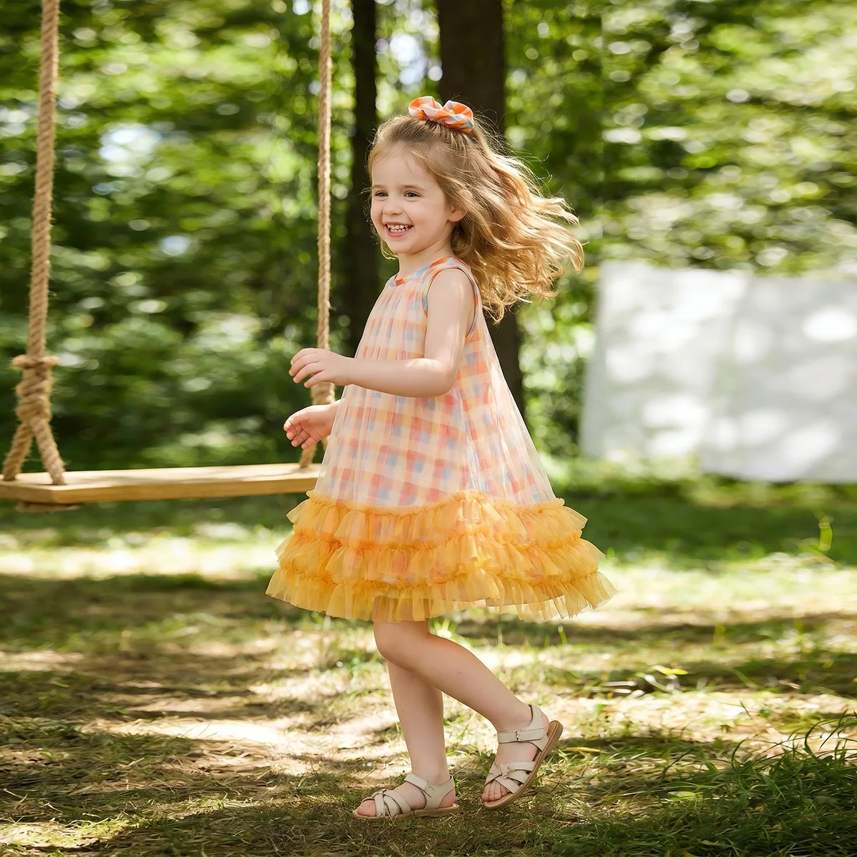 Korean Fresh Style Girls Summer Vest Dress, Plaid Tulle Tiered Cake Dress for Baby Toddler Girls Free Hair Scrunchie Included
