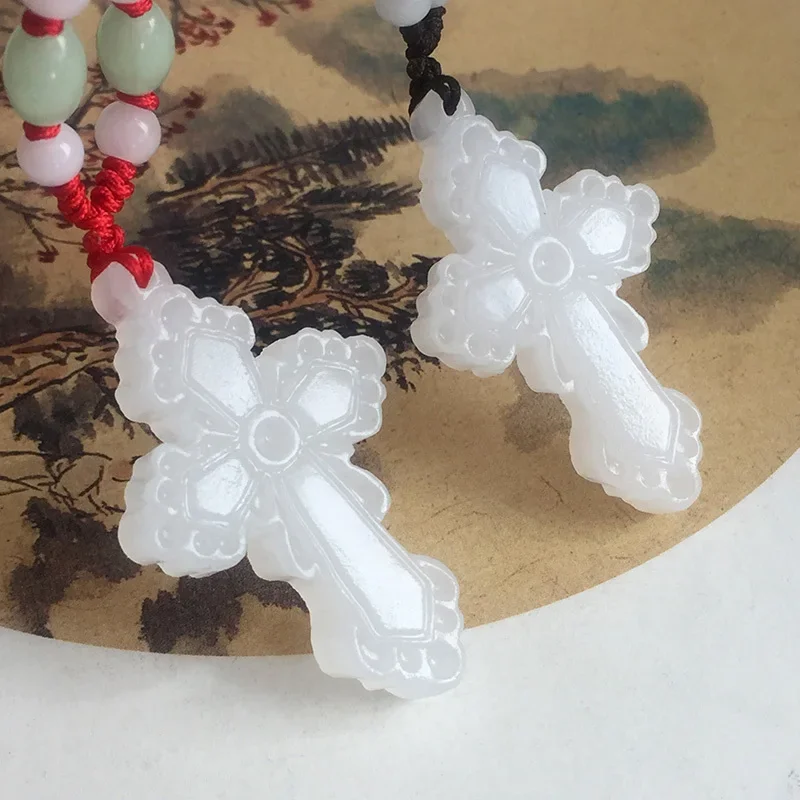 

Natural White Jade Cross Pendant Necklace Jewellery Chinese Fashion Hand-Carved Relax Healing Women Man Luck Gift Free Rope