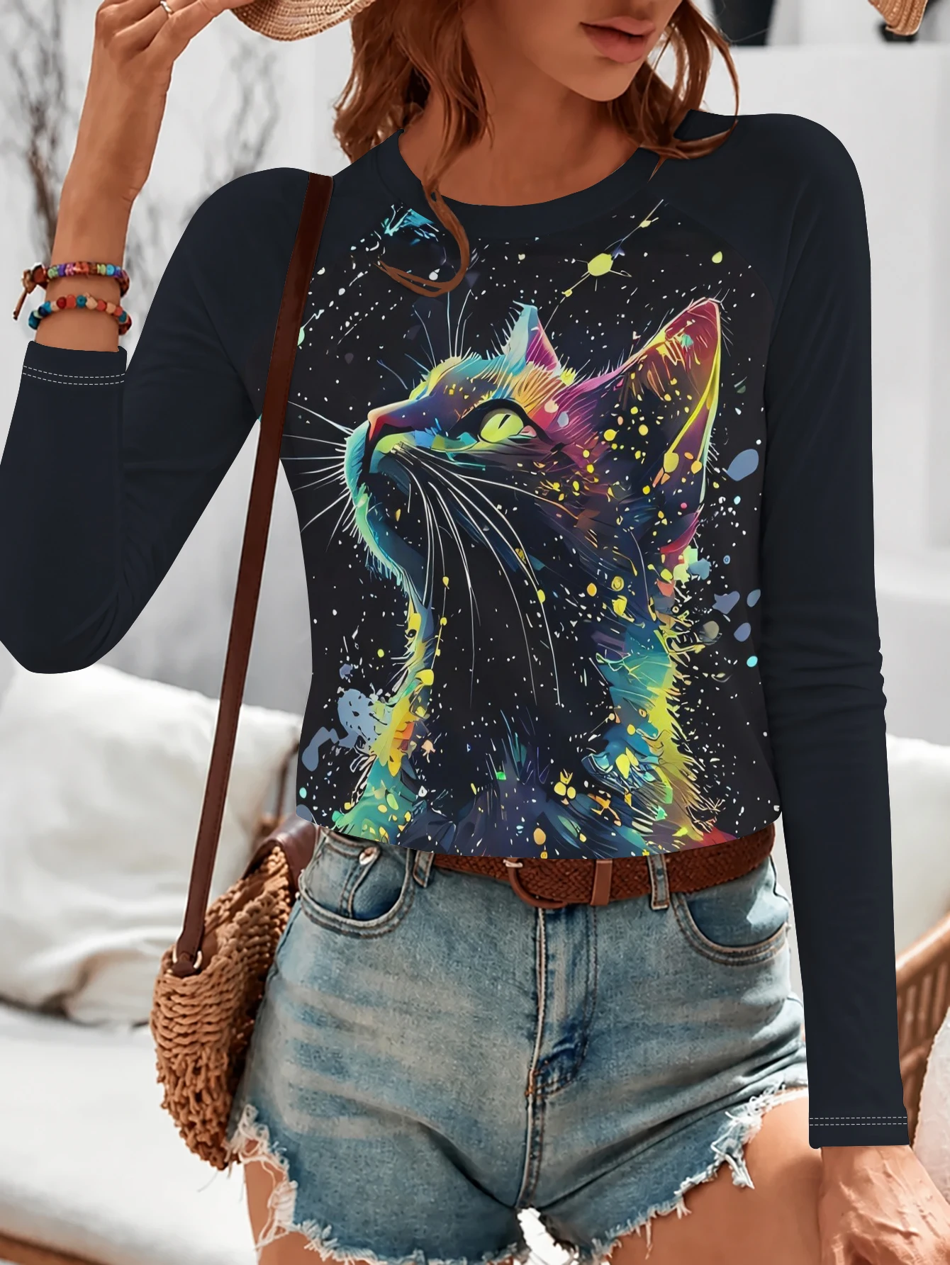Women T‑shirt Colorful Splash Cat Animal Print Raglan Long Sleeve Autumn Winter Casual Tee Top Women's Clothes