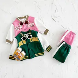 Fall Newborn Baby Clothes Boys Girls Autumn New Embroidery New York Coat Loose Top+Thick Pants Set Fashionable Baseball Jacket